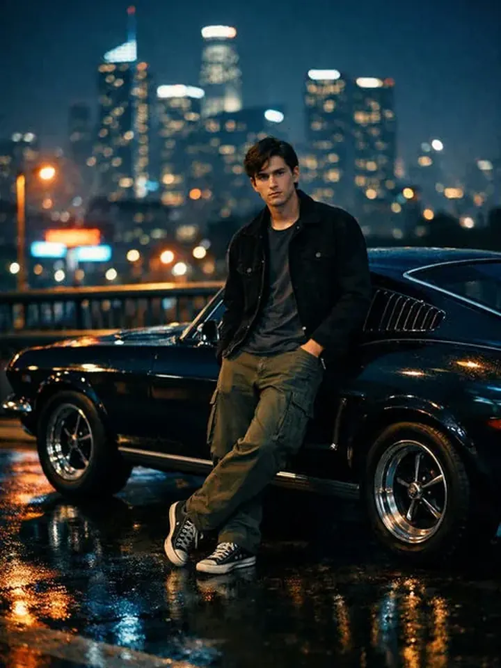 Cinematic dark-haired AI boyfriend Kai beside a car at night