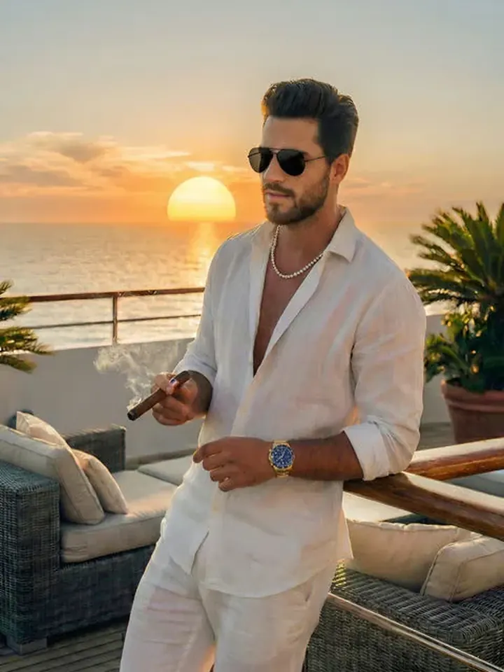Bearded AI boyfriend Mateo wearing white linen on a sunset yacht