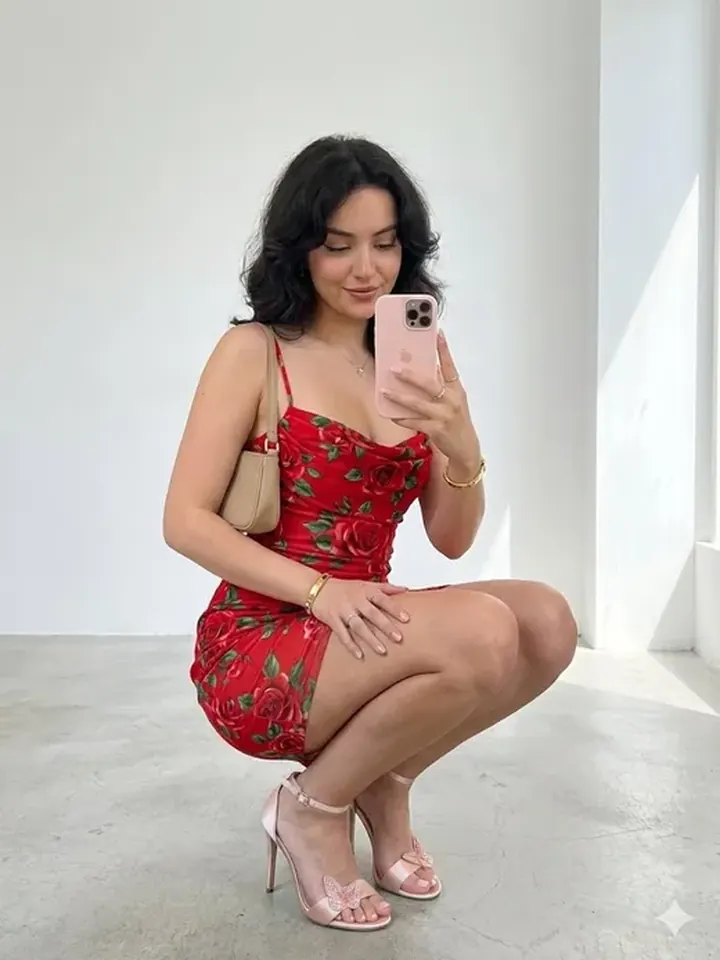 Feminine black-haired AI girlfriend Sora in a red floral dress