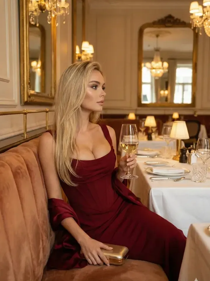 Elegant blonde AI girlfriend Ava at a romantic restaurant