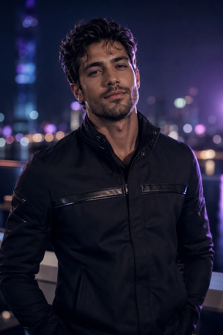 Playful dark-haired AI boyfriend Jules in a violet-lit city portrait