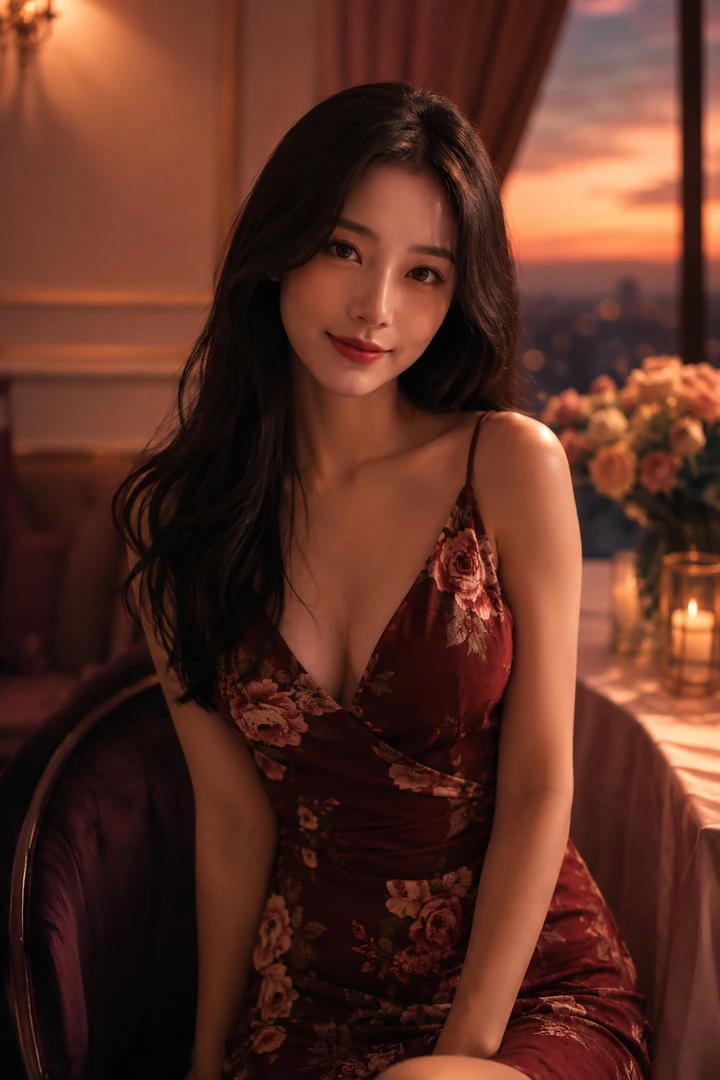 Dreamy black-haired AI girlfriend Sora in a warm cinematic portrait
